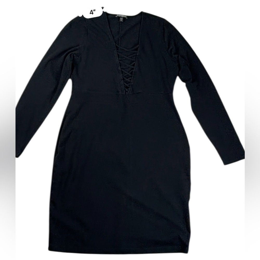 Express Women’s Black Deep V-Neck Long Sleeve Classic Bodycon Dress – Size L - Picture 15 of 17